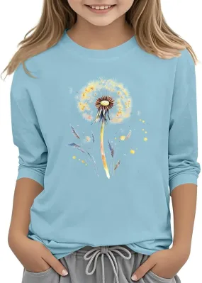 Teen Girls Floral 3/4 Length Sleeve Top Summer Crewneck Casual Athletic Blouse for Kids Soft Comfy Workout Undershirt