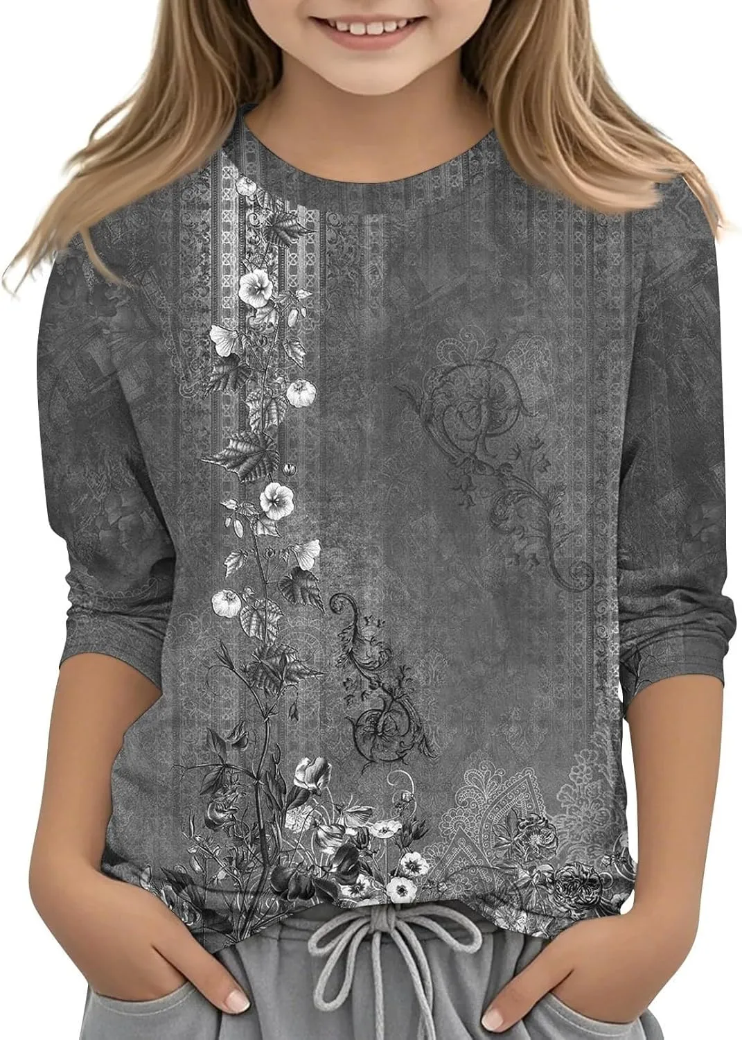 Teen Girls Floral 3/4 Length Sleeve Top Summer Crewneck Casual Athletic Blouse for Kids Soft Comfy Workout Undershirt