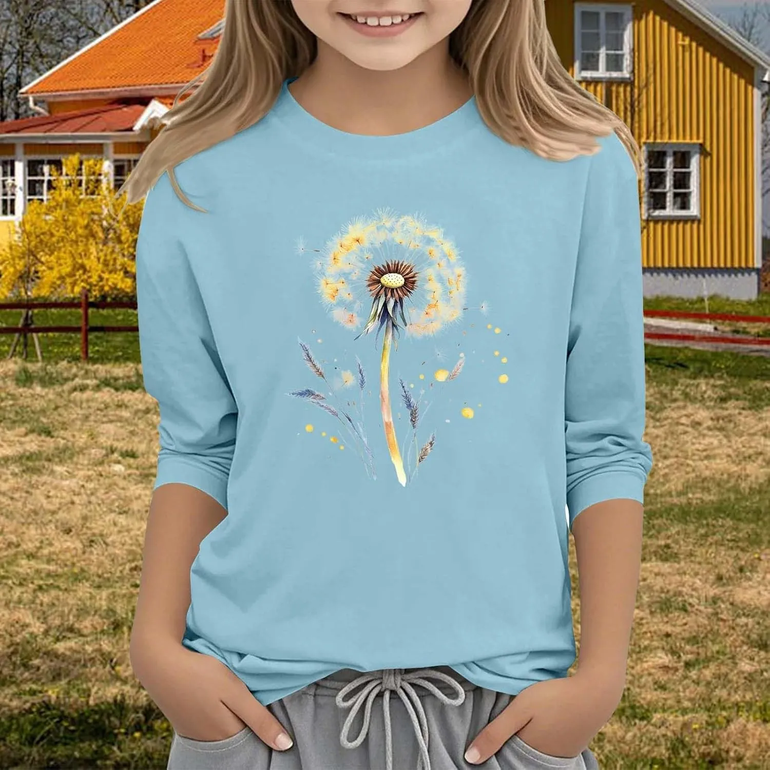 Teen Girls Floral 3/4 Length Sleeve Top Summer Crewneck Casual Athletic Blouse for Kids Soft Comfy Workout Undershirt