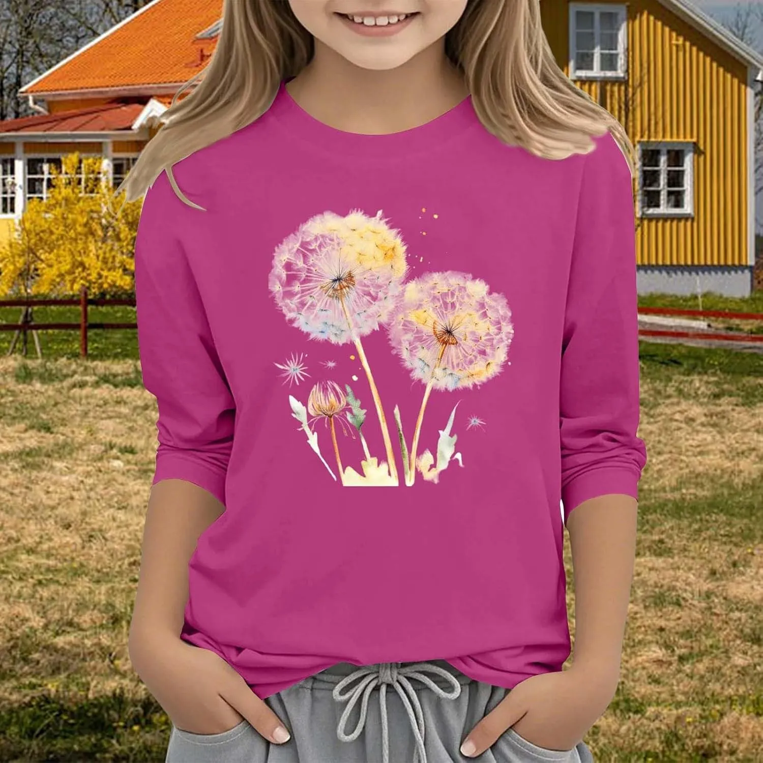 Teen Girls Floral 3/4 Length Sleeve Top Summer Crewneck Casual Athletic Blouse for Kids Soft Comfy Workout Undershirt