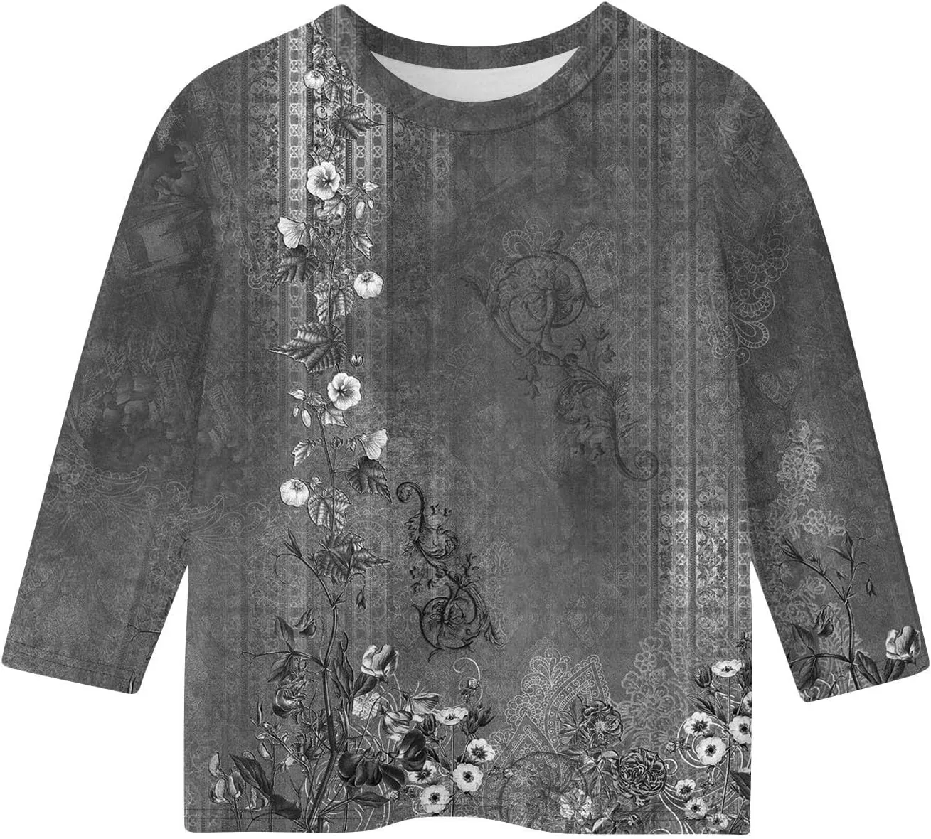 Teen Girls Floral 3/4 Length Sleeve Top Summer Crewneck Casual Athletic Blouse for Kids Soft Comfy Workout Undershirt