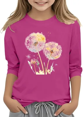 Teen Girls Floral 3/4 Length Sleeve Top Summer Crewneck Casual Athletic Blouse for Kids Soft Comfy Workout Undershirt