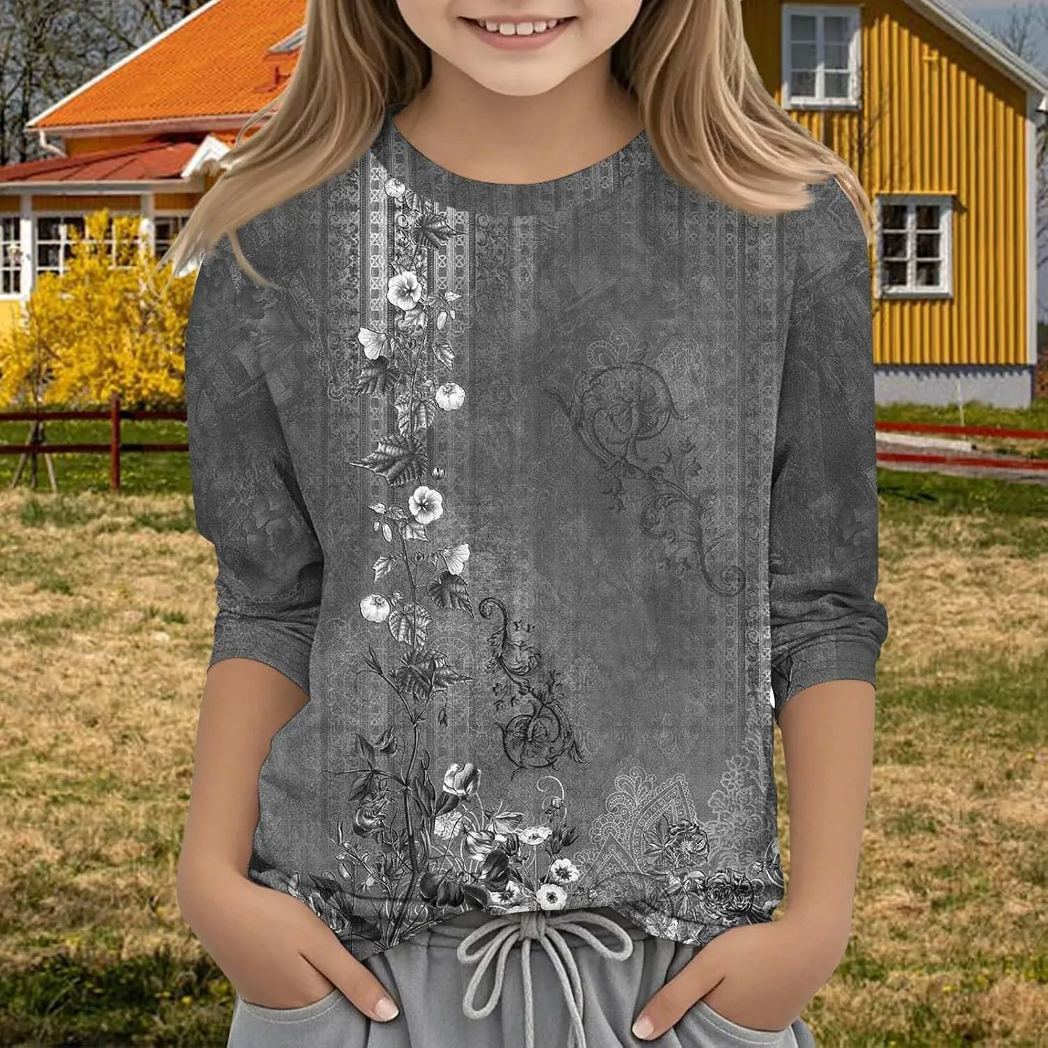 Teen Girls Floral 3/4 Length Sleeve Top Summer Crewneck Casual Athletic Blouse for Kids Soft Comfy Workout Undershirt