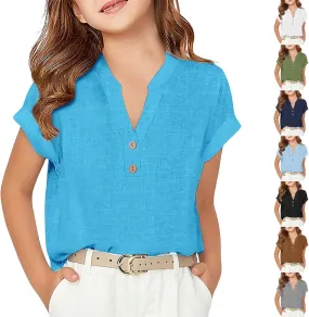 Teens Girls Button Shirts Cute Short Sleeve Solid Cotton Linen Tshirt Summer Casual Loose Blouses Tunic Tops Clothes