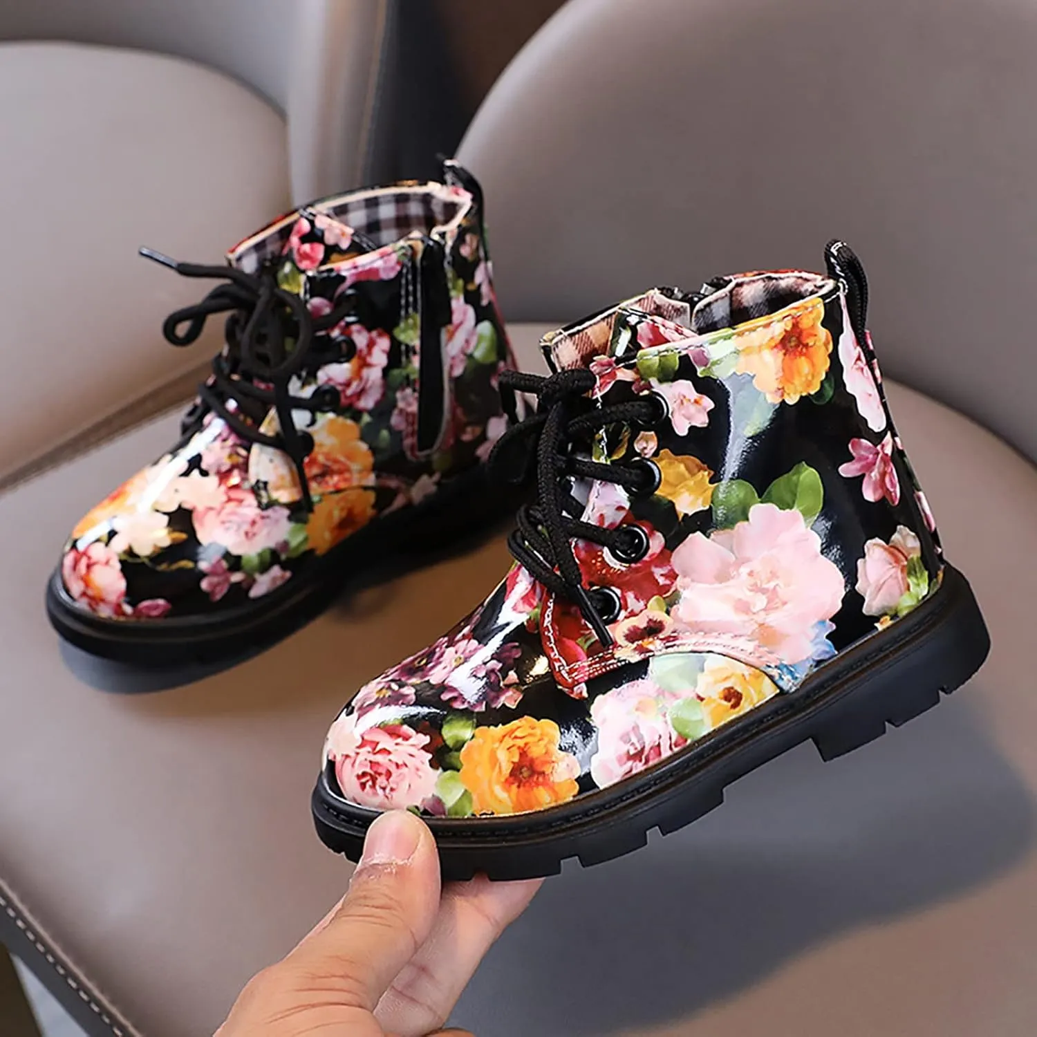 Toddler Boots Boys And Girls Waterpoor Ankle Boots Side Zipper Booties Floral Print Short Boots Riding Boot