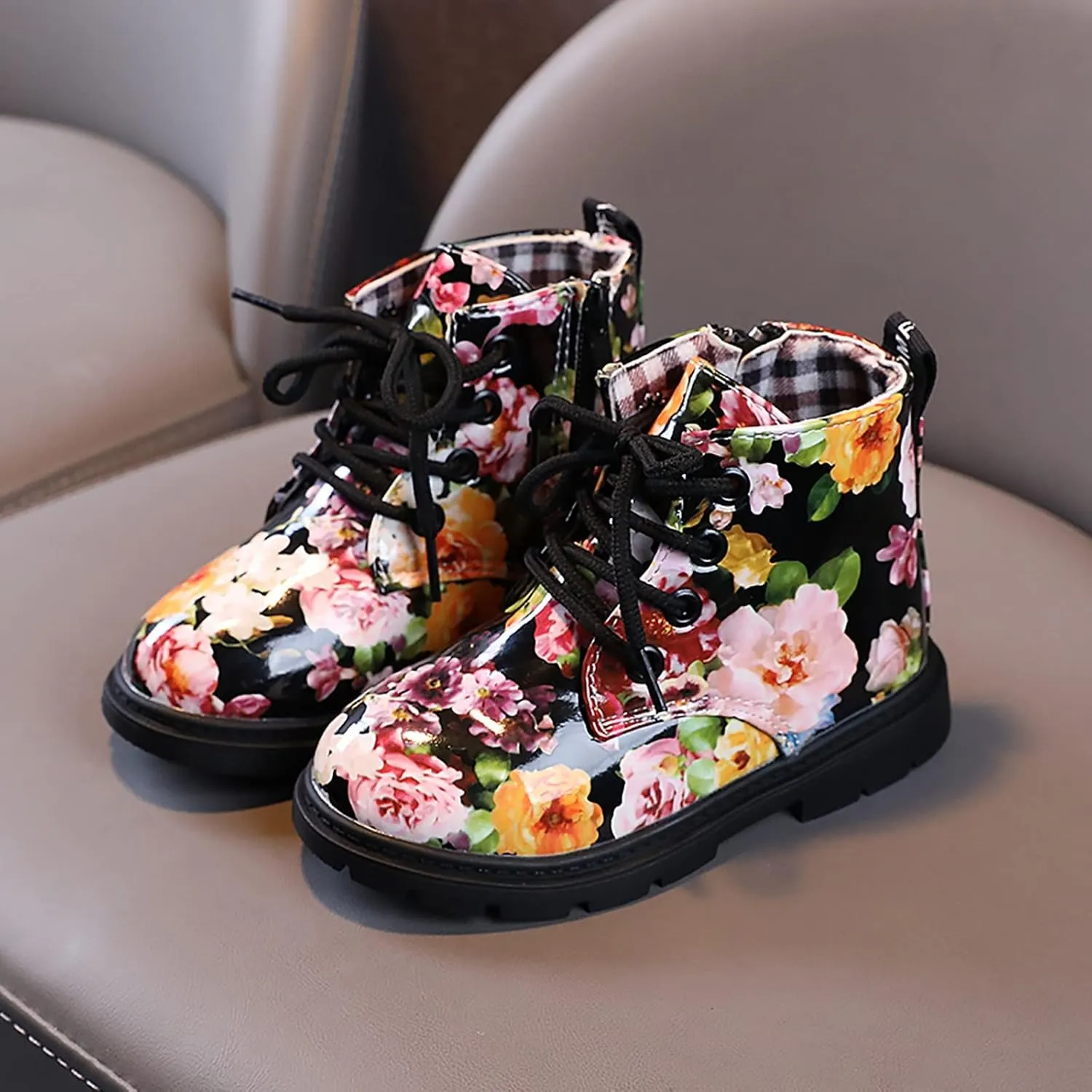 Toddler Boots Boys And Girls Waterpoor Ankle Boots Side Zipper Booties Floral Print Short Boots Riding Boot