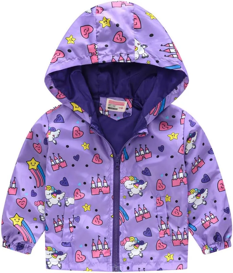 Toddler Boys Girls Fashion Cartoon Animal Print Zip Jacket Hooded Trench Lightweight Kids Windbreaker Coats Casual Outerwear