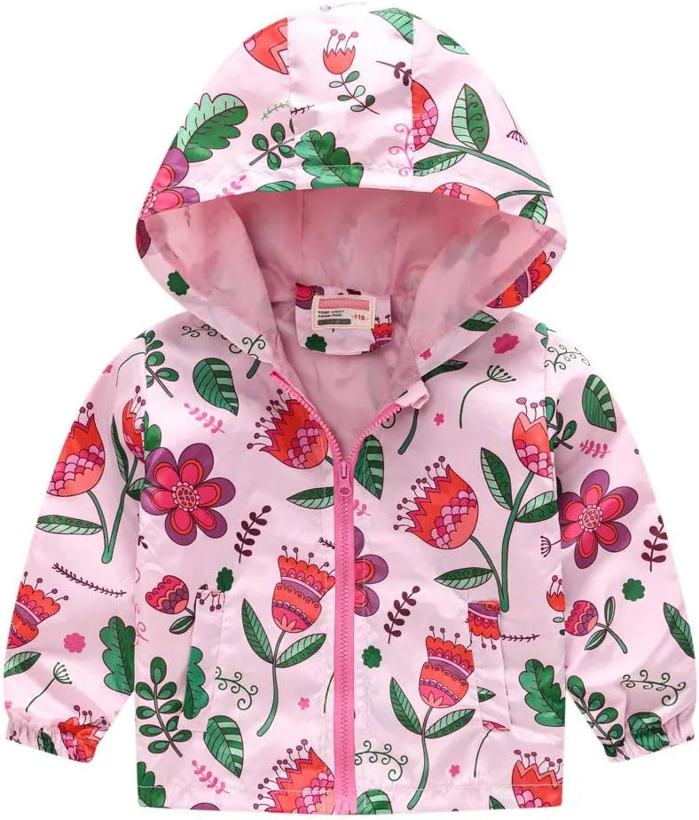 Toddler Boys Girls Fashion Cartoon Animal Print Zip Jacket Hooded Trench Lightweight Kids Windbreaker Coats Casual Outerwear