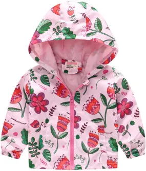 Toddler Boys Girls Fashion Cartoon Animal Print Zip Jacket Hooded Trench Lightweight Kids Windbreaker Coats Casual Outerwear