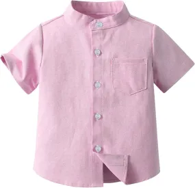Toddler Boys Girls Solid Color Label Button Down T Shirt Tops with Pocket Short Sleeves Casual Tee Shirts for Kids