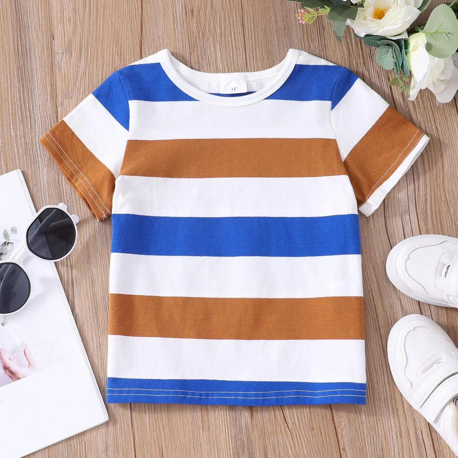 Toddler Girls Boys Stripe Printed T-Shirt Short Sleeve Color Block T Shirt Crewneck Kids Tee Tops Summer Undershirts