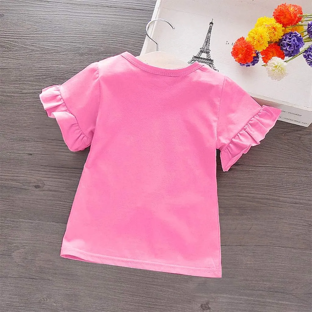 Toddler Girls Ruffle Short Sleeve T Shirt Heart Print Puff Sleeve Basic Top Blouse Kids Plain Solid Casual Clothes