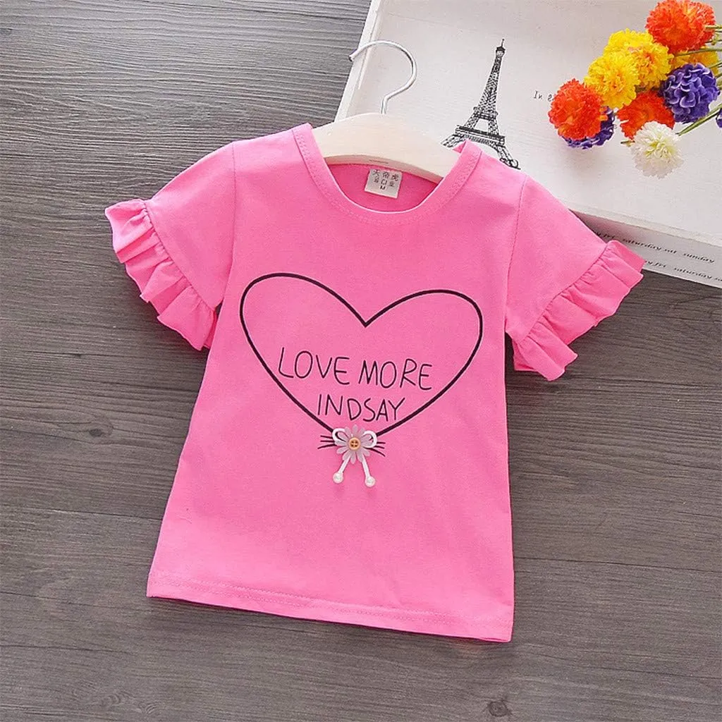 Toddler Girls Ruffle Short Sleeve T Shirt Heart Print Puff Sleeve Basic Top Blouse Kids Plain Solid Casual Clothes