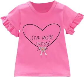 Toddler Girls Ruffle Short Sleeve T Shirt Heart Print Puff Sleeve Basic Top Blouse Kids Plain Solid Casual Clothes