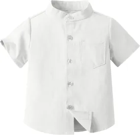 Toddler Little Boy Button Down Shirt Tops Short Sleeve Solid Stand Neck T Shirt Summer Clothes for Kids 3-8 Years