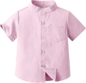 Toddler Little Boy Button Down Shirt Tops Short Sleeve Solid Stand Neck T Shirt Summer Clothes for Kids 3-8 Years