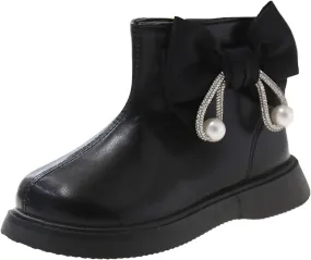Toddler/Little Girls Short Ankle Boots Kids Cute Sweet Bowknot Water-Proof Side Zipper Solid Flat Dress Booties
