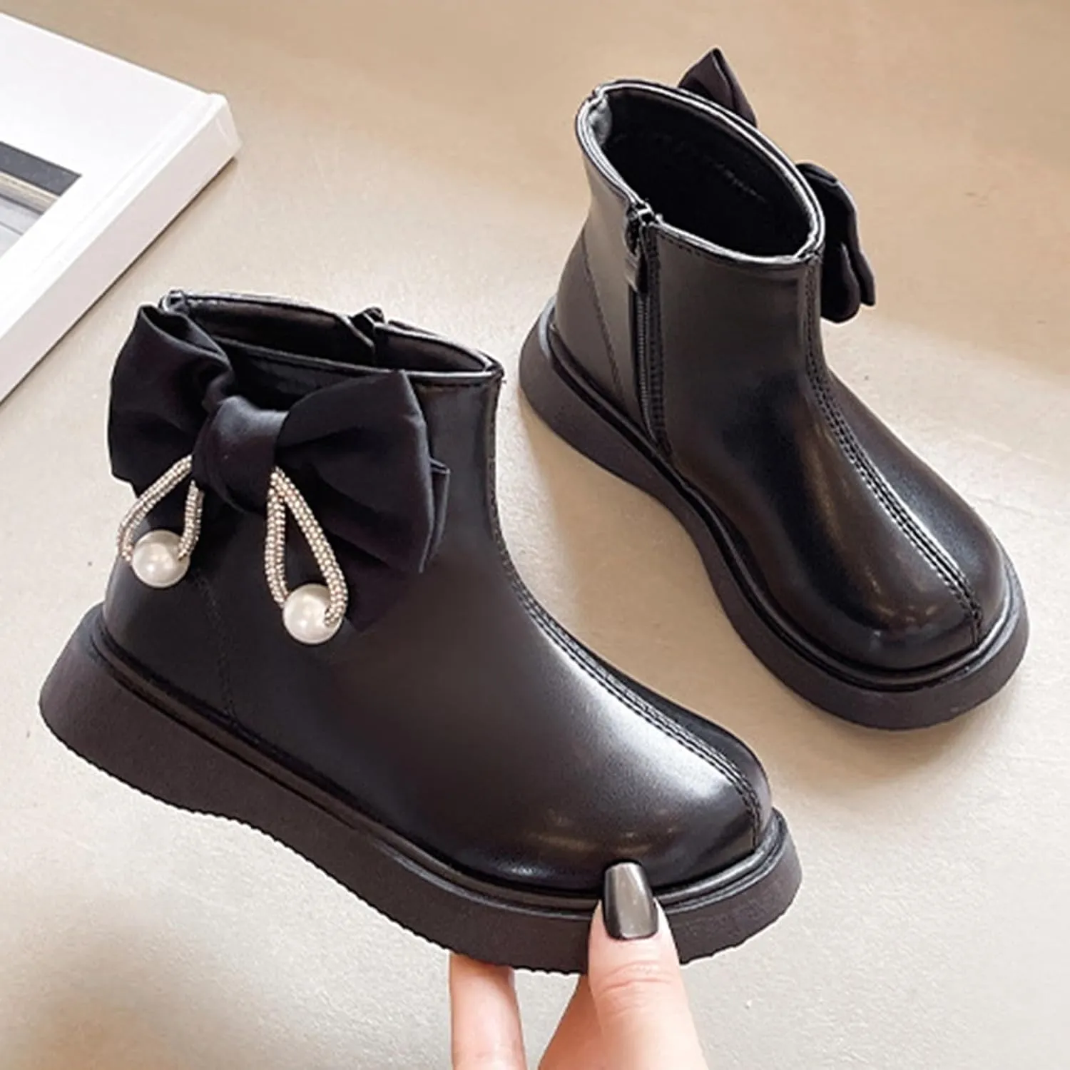 Toddler/Little Girls Short Ankle Boots Kids Cute Sweet Bowknot Water-Proof Side Zipper Solid Flat Dress Booties