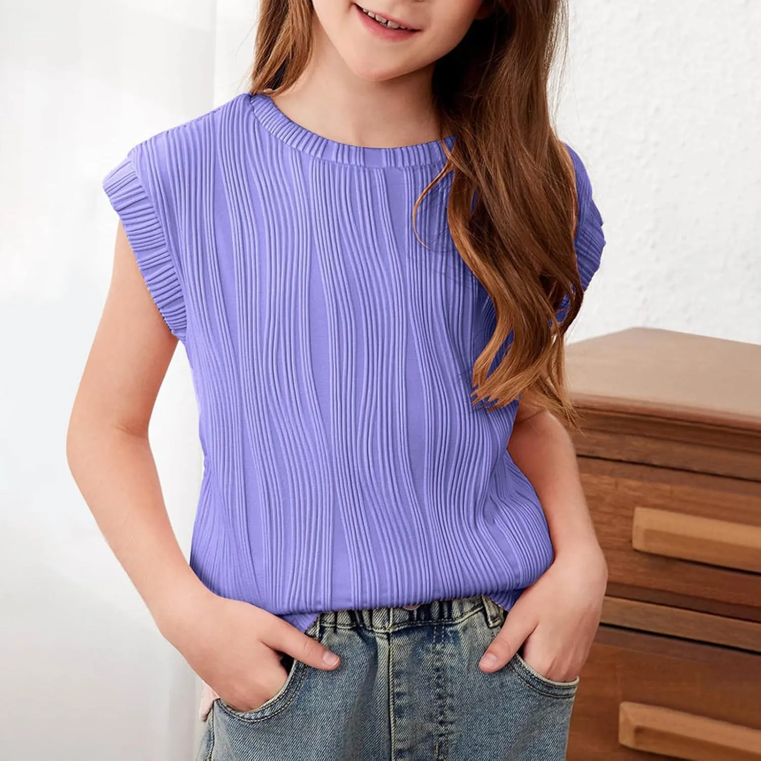 Tween Girls Summer Short Sleeve Textured Tops Shirts Kids Tunic Tops Basic Solid Color Crewneck Tees Blouse for 4-15Y