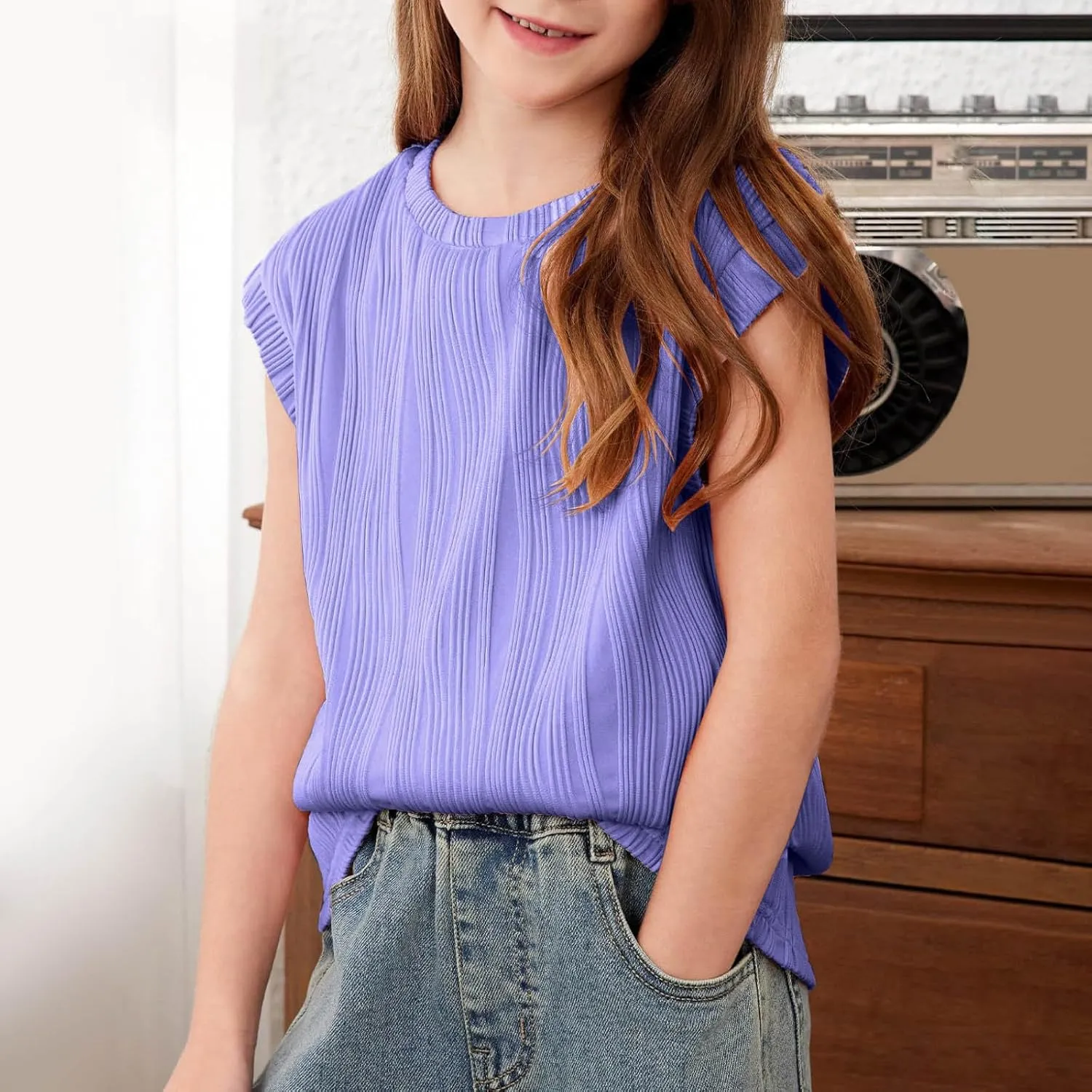 Tween Girls Summer Short Sleeve Textured Tops Shirts Kids Tunic Tops Basic Solid Color Crewneck Tees Blouse for 4-15Y