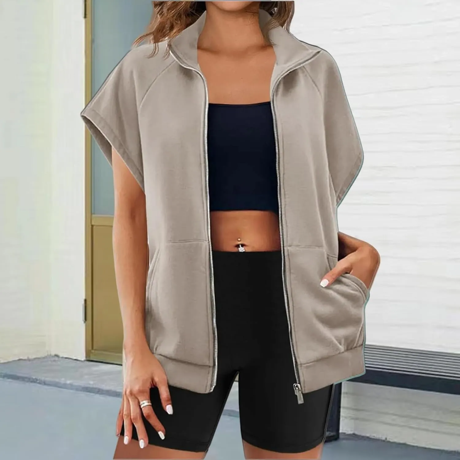 Vest for Women Short Sleeves Full Zip Up Lightweight Sweatshirt Summer Casual Jackets Outerwear Vests Tops with Pockets