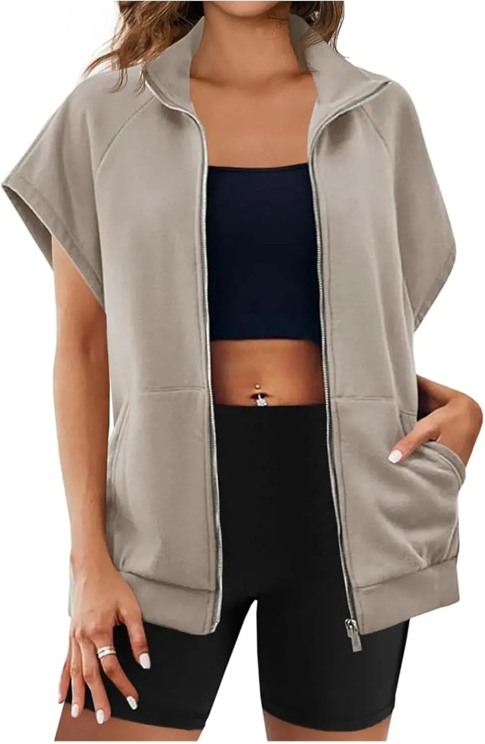 Vest for Women Short Sleeves Full Zip Up Lightweight Sweatshirt Summer Casual Jackets Outerwear Vests Tops with Pockets