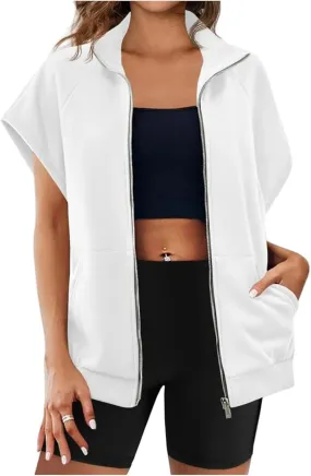 Vest for Women Short Sleeves Full Zip Up Lightweight Sweatshirt Summer Casual Jackets Outerwear Vests Tops with Pockets