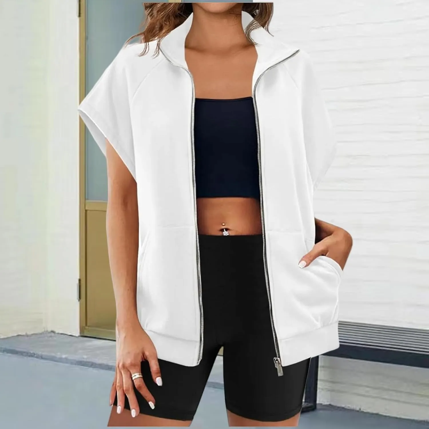 Vest for Women Short Sleeves Full Zip Up Lightweight Sweatshirt Summer Casual Jackets Outerwear Vests Tops with Pockets