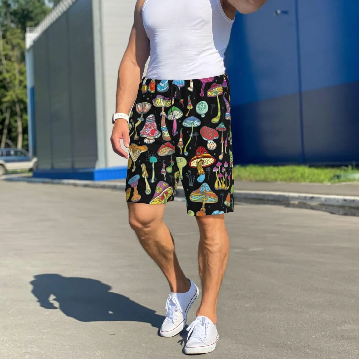 Vosery Mens Pajama Pants - Bright Mushrooms Comfy Sleep Shorts Mens Pajama Shorts, Mens Lounge Shorts Pj Pants