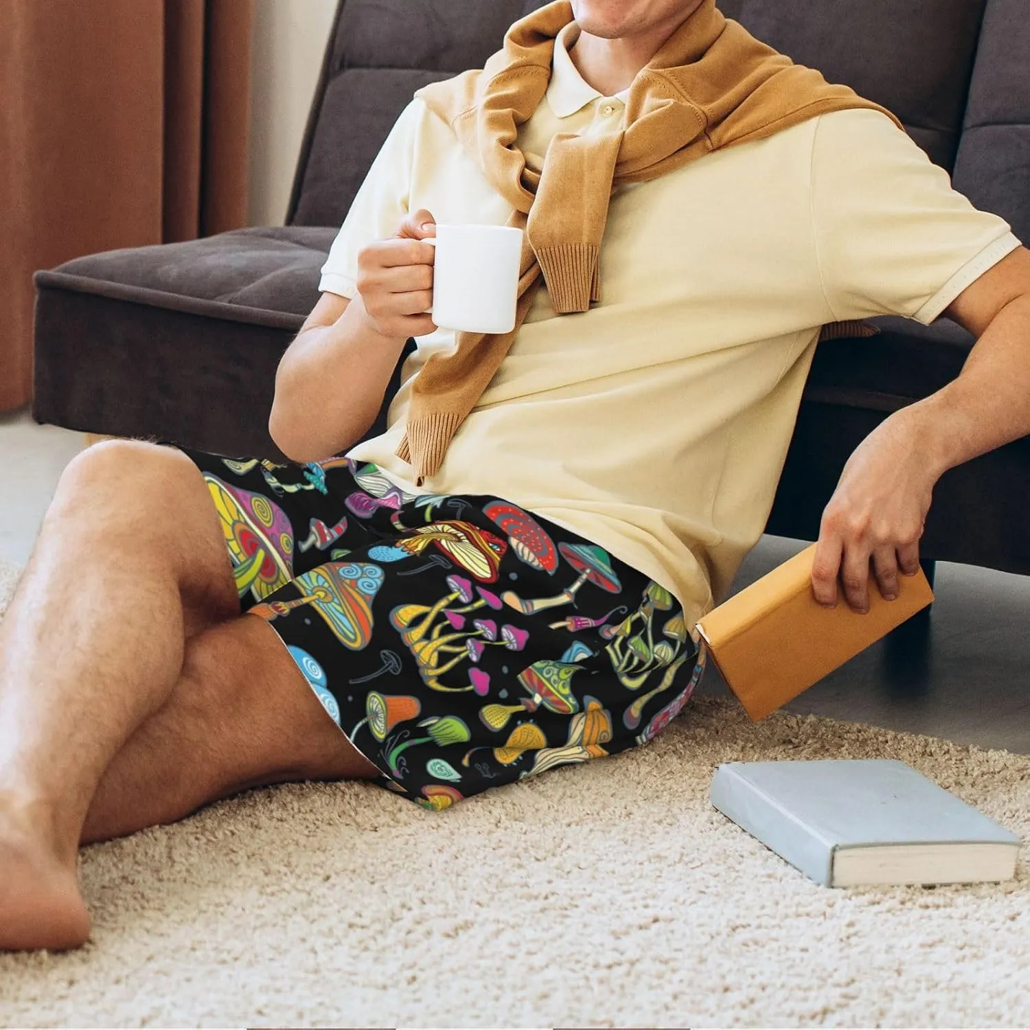 Vosery Mens Pajama Pants - Bright Mushrooms Comfy Sleep Shorts Mens Pajama Shorts, Mens Lounge Shorts Pj Pants