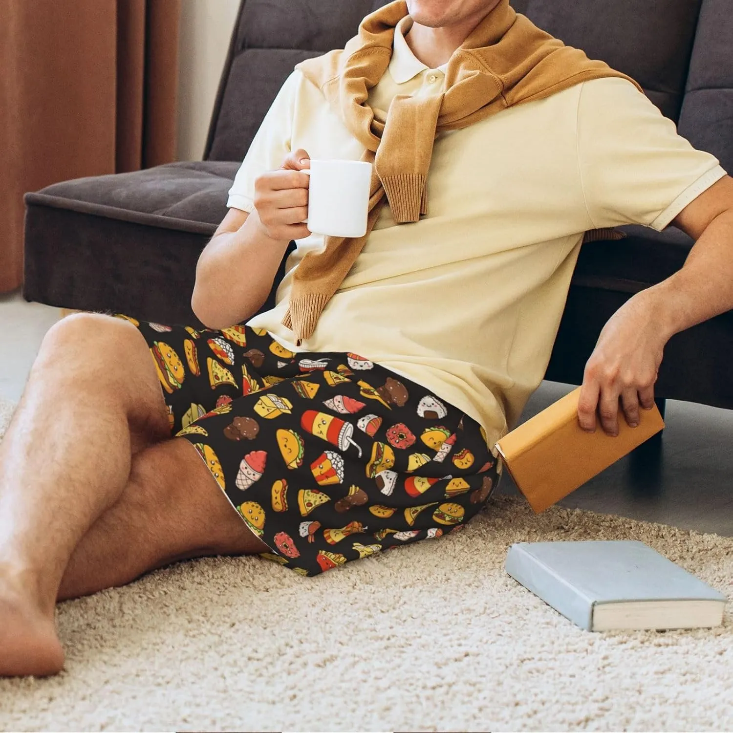 Vosery Mens Pajama Pants - Burger Fries Comfy Sleep Shorts Mens Pajama Shorts, Mens Lounge Shorts Pj Pants