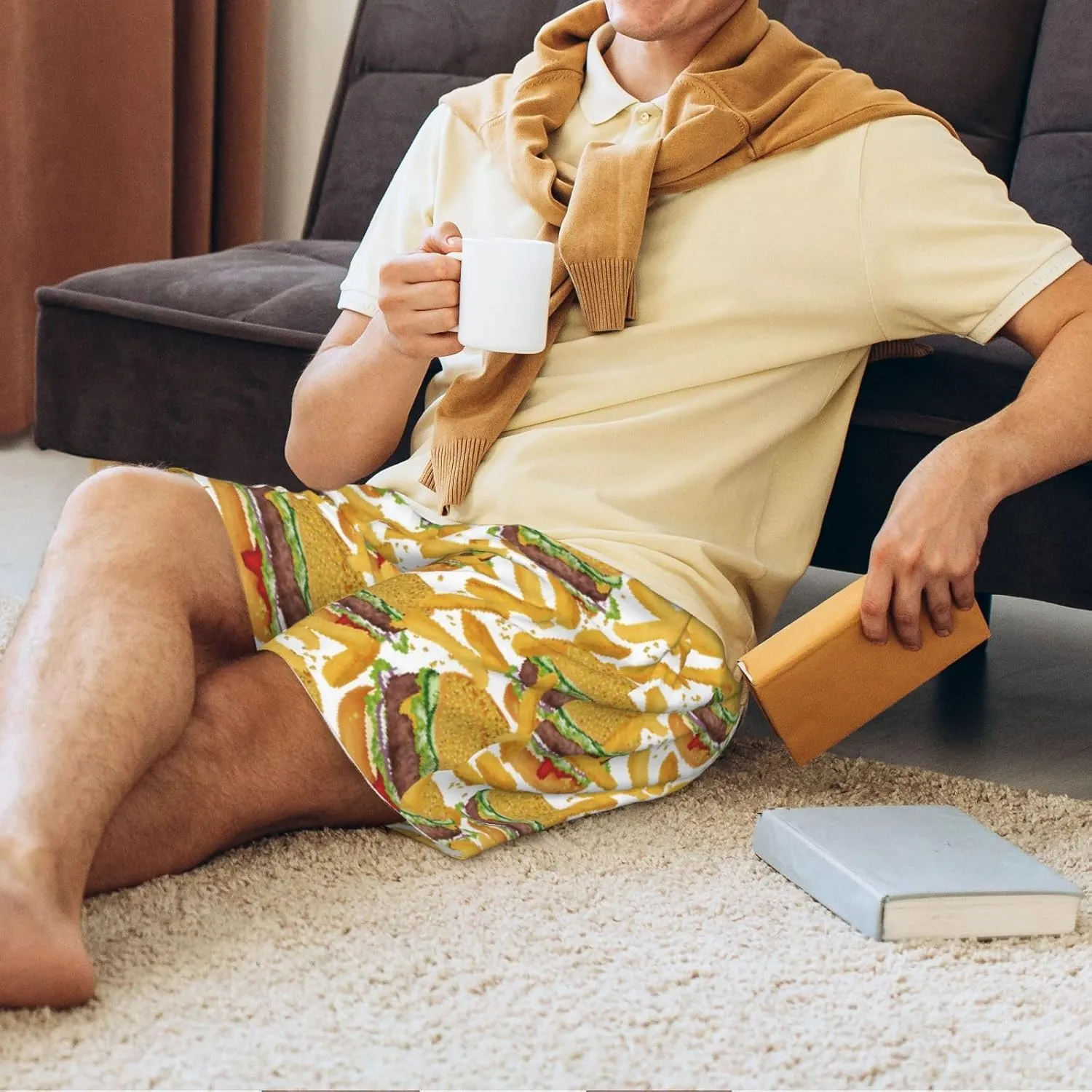 Vosery Mens Pajama Pants - Burger Fries_A Comfy Sleep Shorts Mens Pajama Shorts, Mens Lounge Shorts Pj Pants