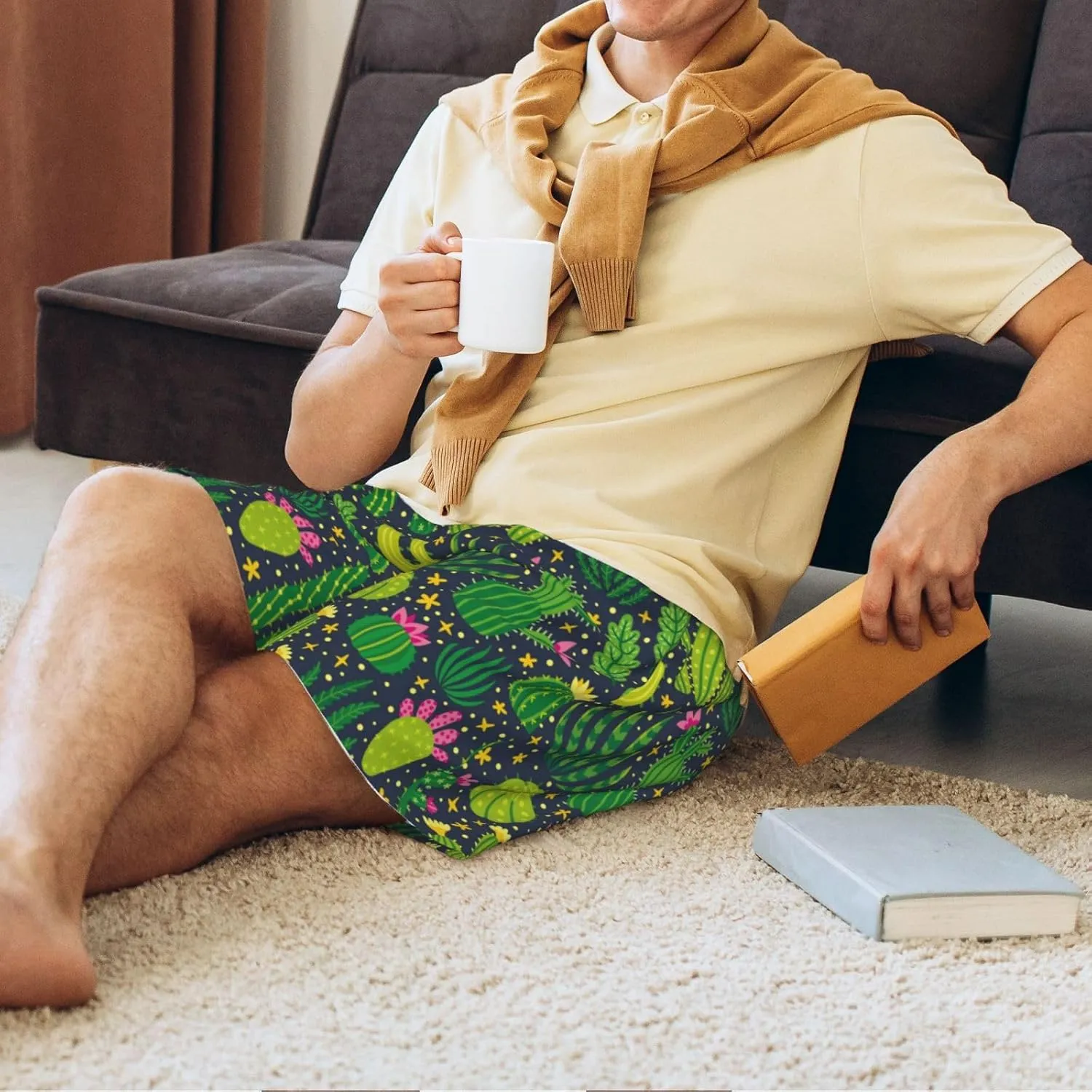 Vosery Mens Pajama Pants - Cactus 1 Comfy Sleep Shorts Mens Pajama Shorts, Mens Lounge Shorts Pj Pants