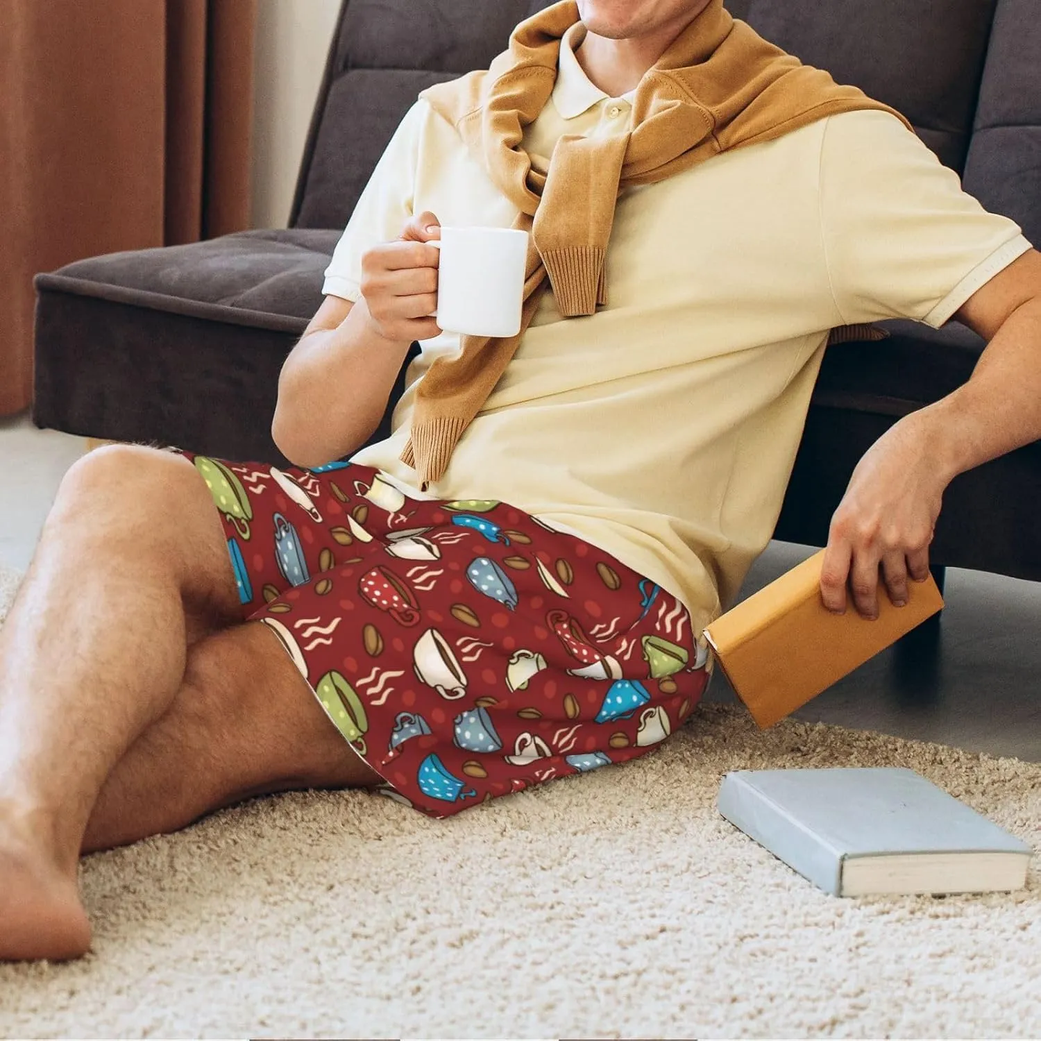 Vosery Mens Pajama Pants - Coffee Cups Comfy Sleep Shorts Mens Pajama Shorts, Mens Lounge Shorts Pj Pants