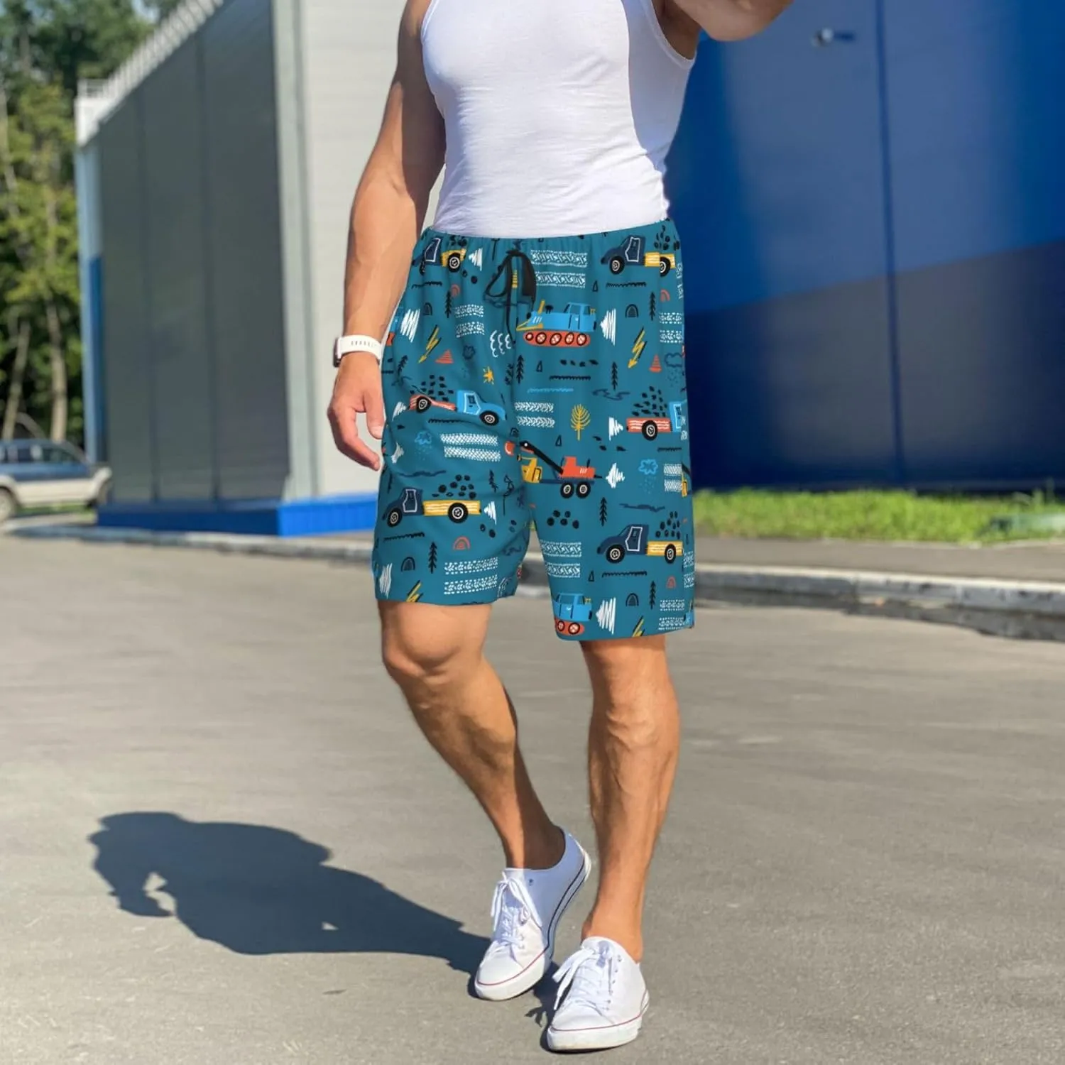 Vosery Mens Pajama Pants - Construction Trucks Comfy Sleep Shorts Mens Pajama Shorts, Mens Lounge Shorts Pj Pants
