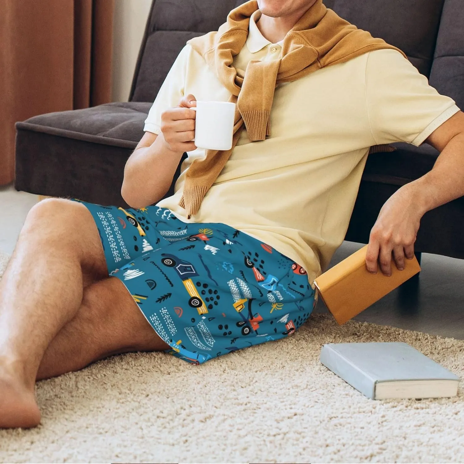 Vosery Mens Pajama Pants - Construction Trucks Comfy Sleep Shorts Mens Pajama Shorts, Mens Lounge Shorts Pj Pants