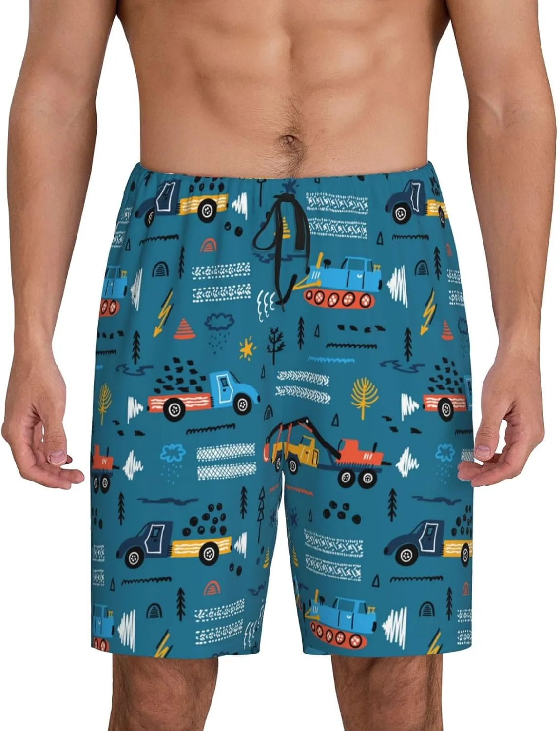 Vosery Mens Pajama Pants - Construction Trucks Comfy Sleep Shorts Mens Pajama Shorts, Mens Lounge Shorts Pj Pants