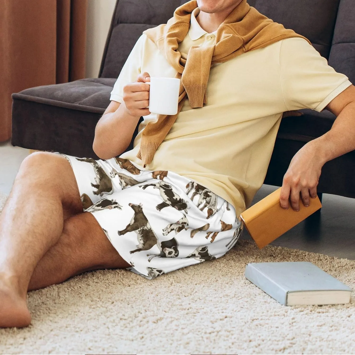 Vosery Mens Pajama Pants - Cow Print Comfy Sleep Shorts Mens Pajama Shorts, Mens Lounge Shorts Pj Pants