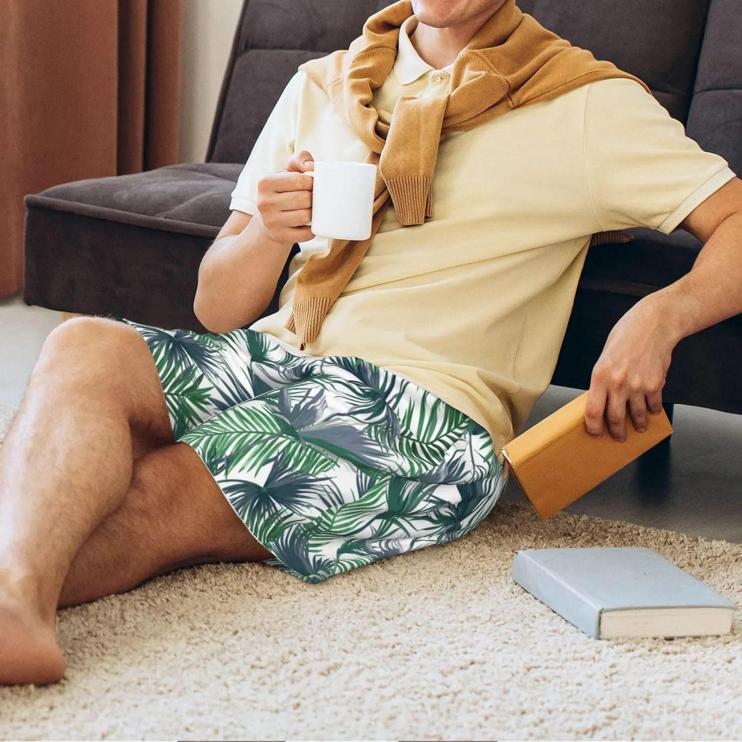 Vosery Mens Pajama Pants - Palm Tree_Green Comfy Sleep Shorts Mens Pajama Shorts, Mens Lounge Shorts Pj Pants
