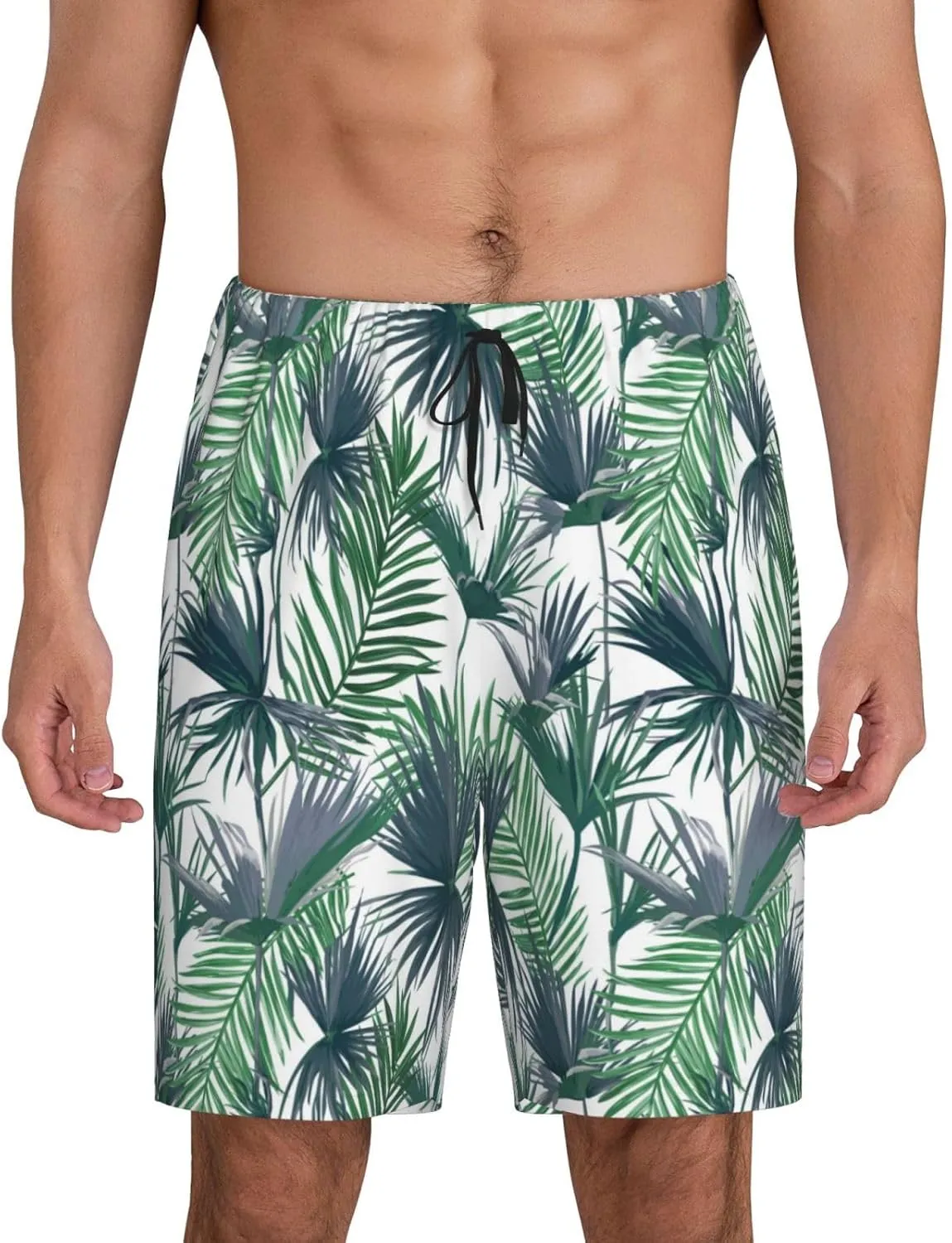 Vosery Mens Pajama Pants - Palm Tree_Green Comfy Sleep Shorts Mens Pajama Shorts, Mens Lounge Shorts Pj Pants