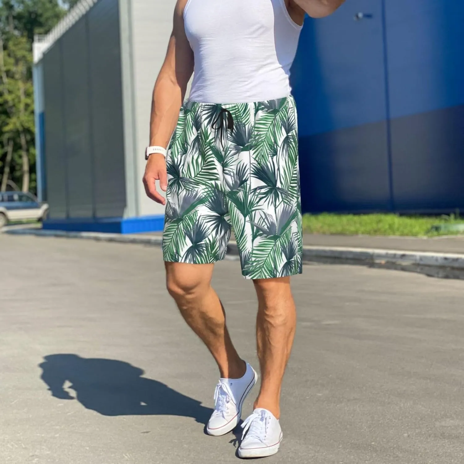 Vosery Mens Pajama Pants - Palm Tree_Green Comfy Sleep Shorts Mens Pajama Shorts, Mens Lounge Shorts Pj Pants