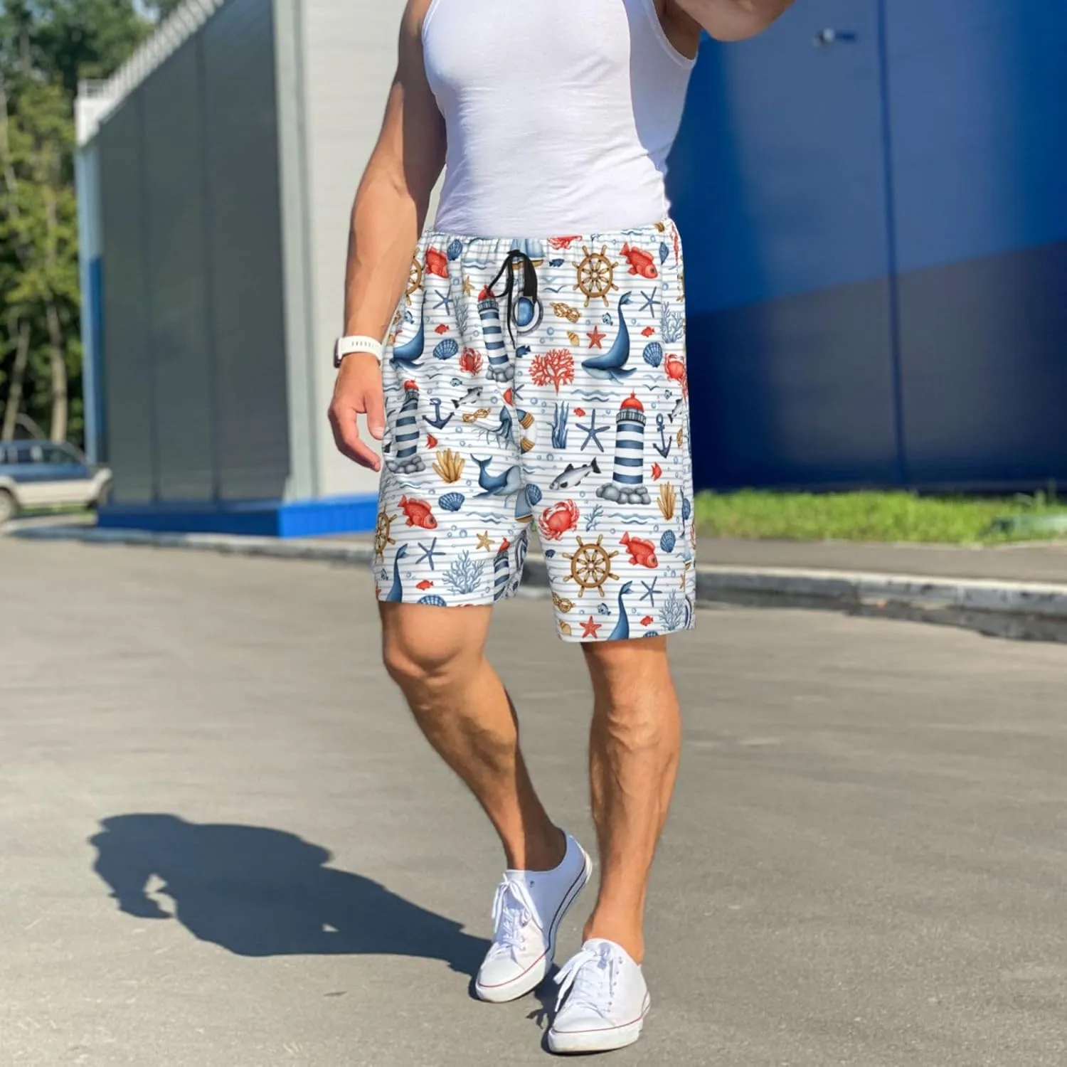 Vosery Mens Pajama Pants - Watercolor Nautical Comfy Sleep Shorts Mens Pajama Shorts, Mens Lounge Shorts Pj Pants