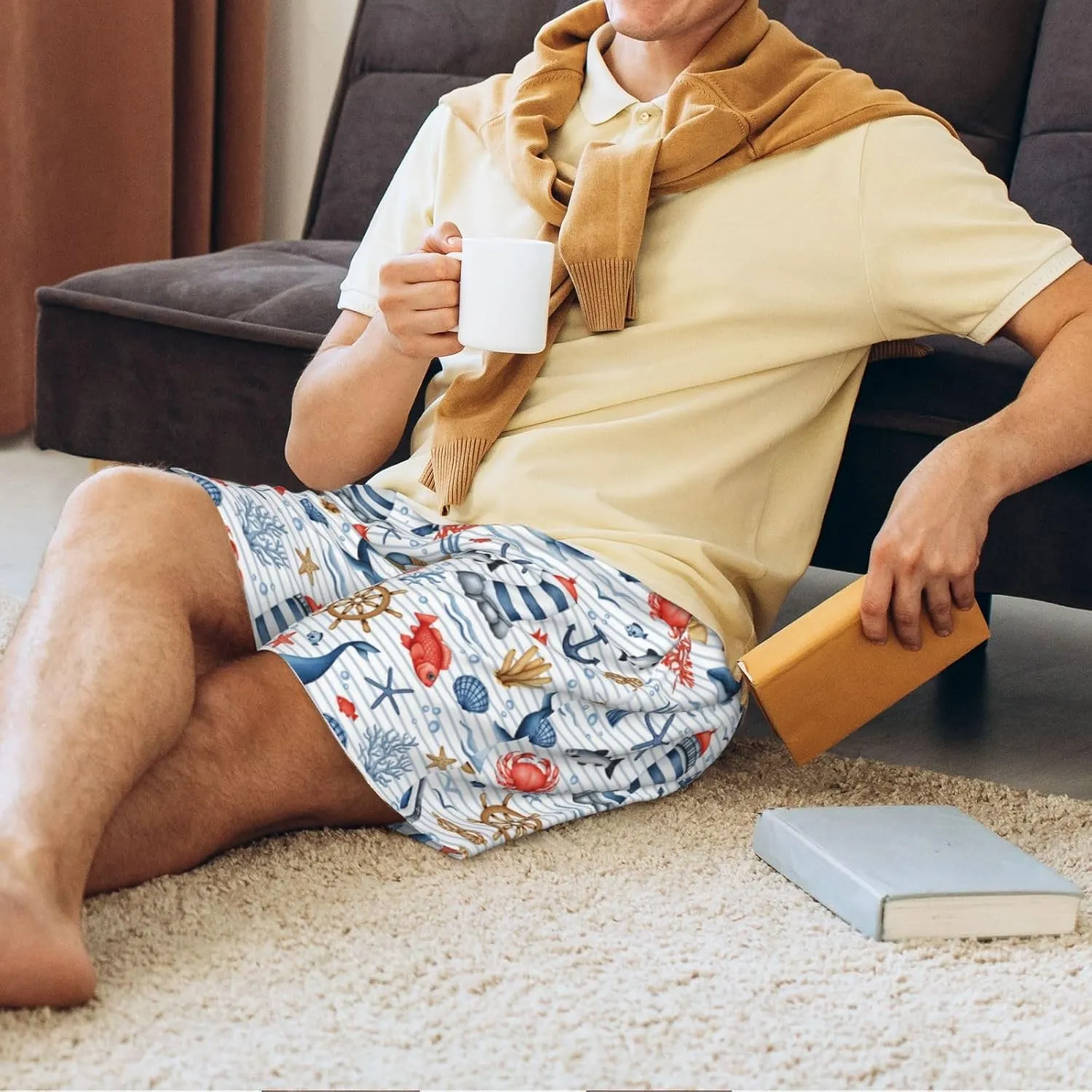 Vosery Mens Pajama Pants - Watercolor Nautical Comfy Sleep Shorts Mens Pajama Shorts, Mens Lounge Shorts Pj Pants