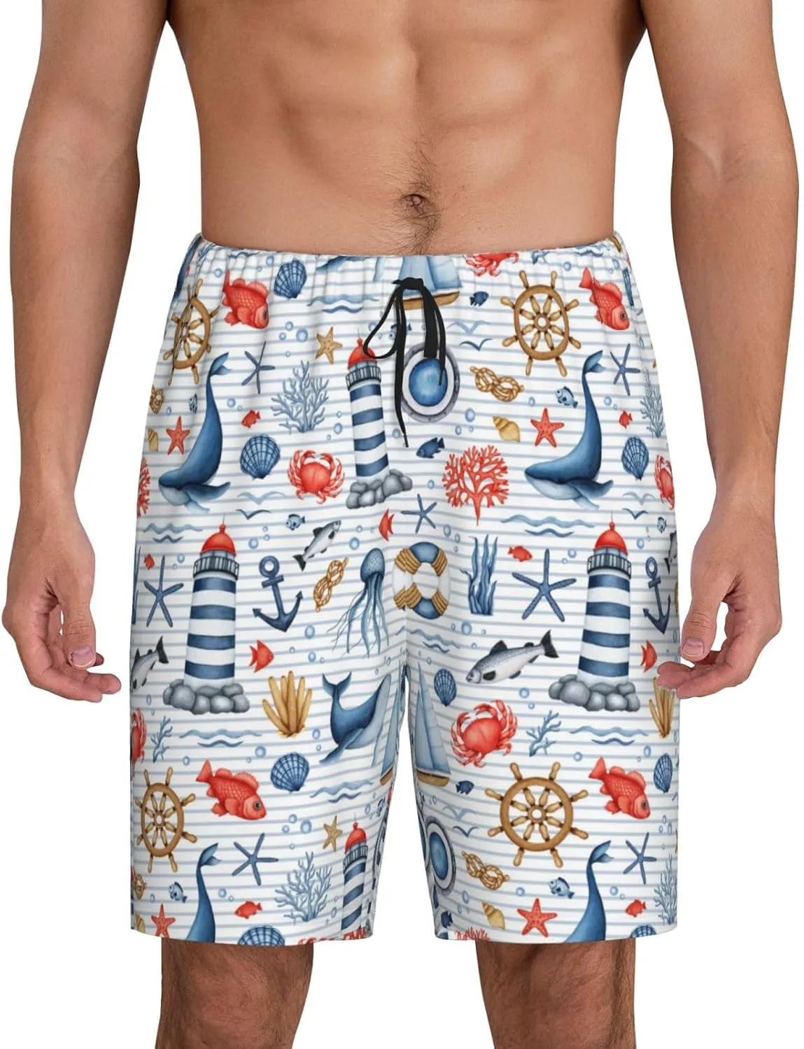 Vosery Mens Pajama Pants - Watercolor Nautical Comfy Sleep Shorts Mens Pajama Shorts, Mens Lounge Shorts Pj Pants