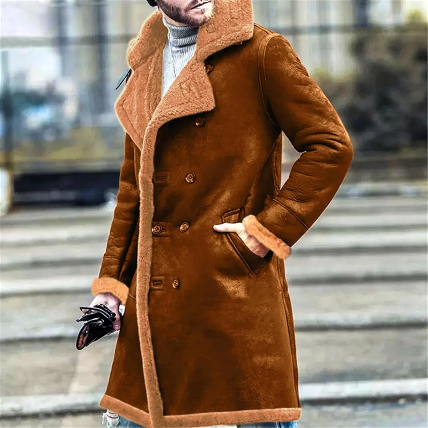 Wankang Sherpa Lined Long Jacket Men Faux Leather Jacket Long Trench Coats Winter Shearling Sheepskin Fleece Coat for Men