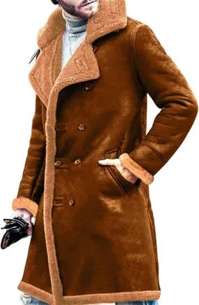 Wankang Sherpa Lined Long Jacket Men Faux Leather Jacket Long Trench Coats Winter Shearling Sheepskin Fleece Coat for Men
