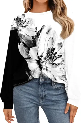 WANZZXCSL Long Sleeve Shirts for Women 2024 Fall Fashion Loose Solid Color Print Fitted Crewneck Basic Tops Casual Outfits