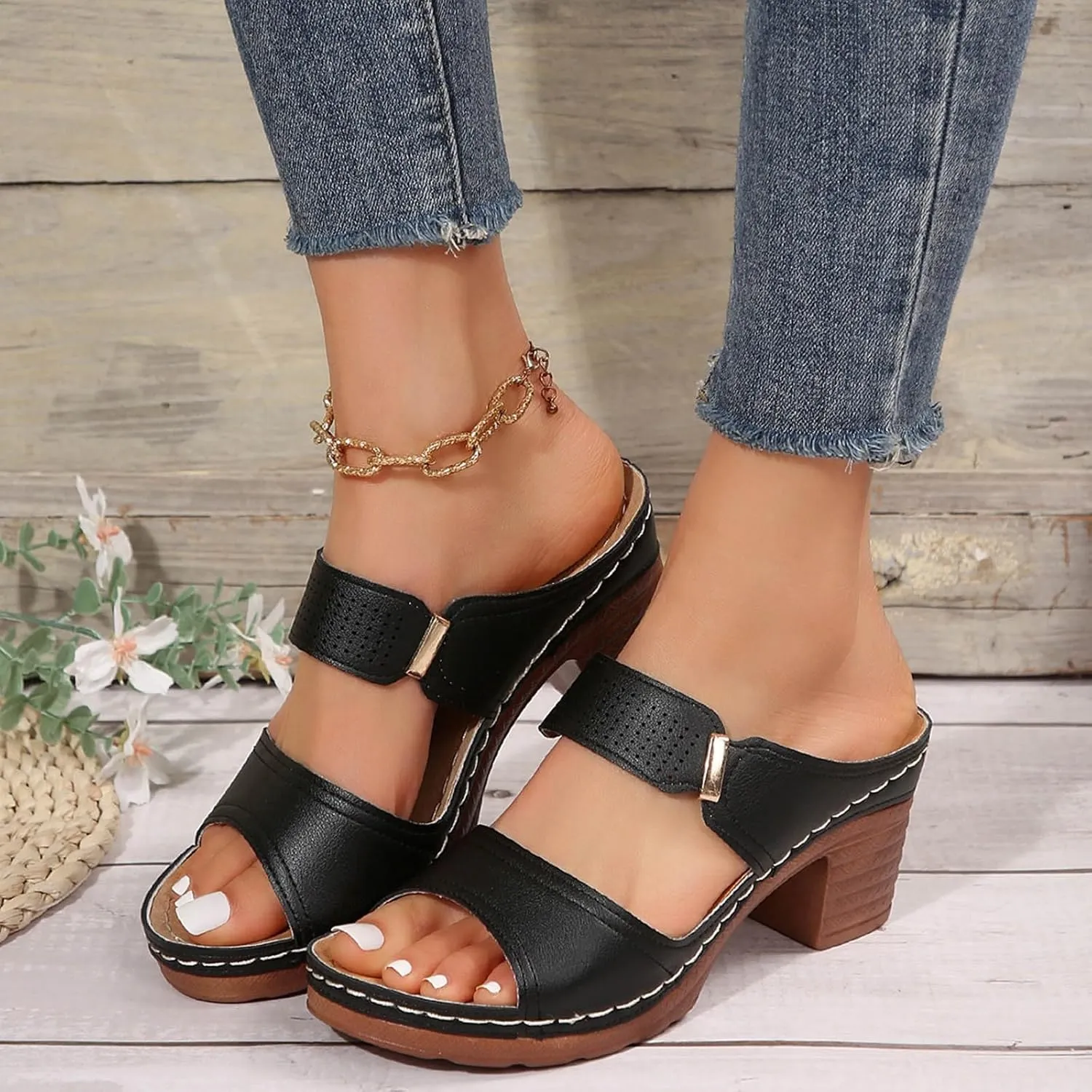 Wedge Sandals for Women 2025Modest Block Heels Classic 2 Bands Sandals Womens Dressy Chunky Heeled Womens Heels
