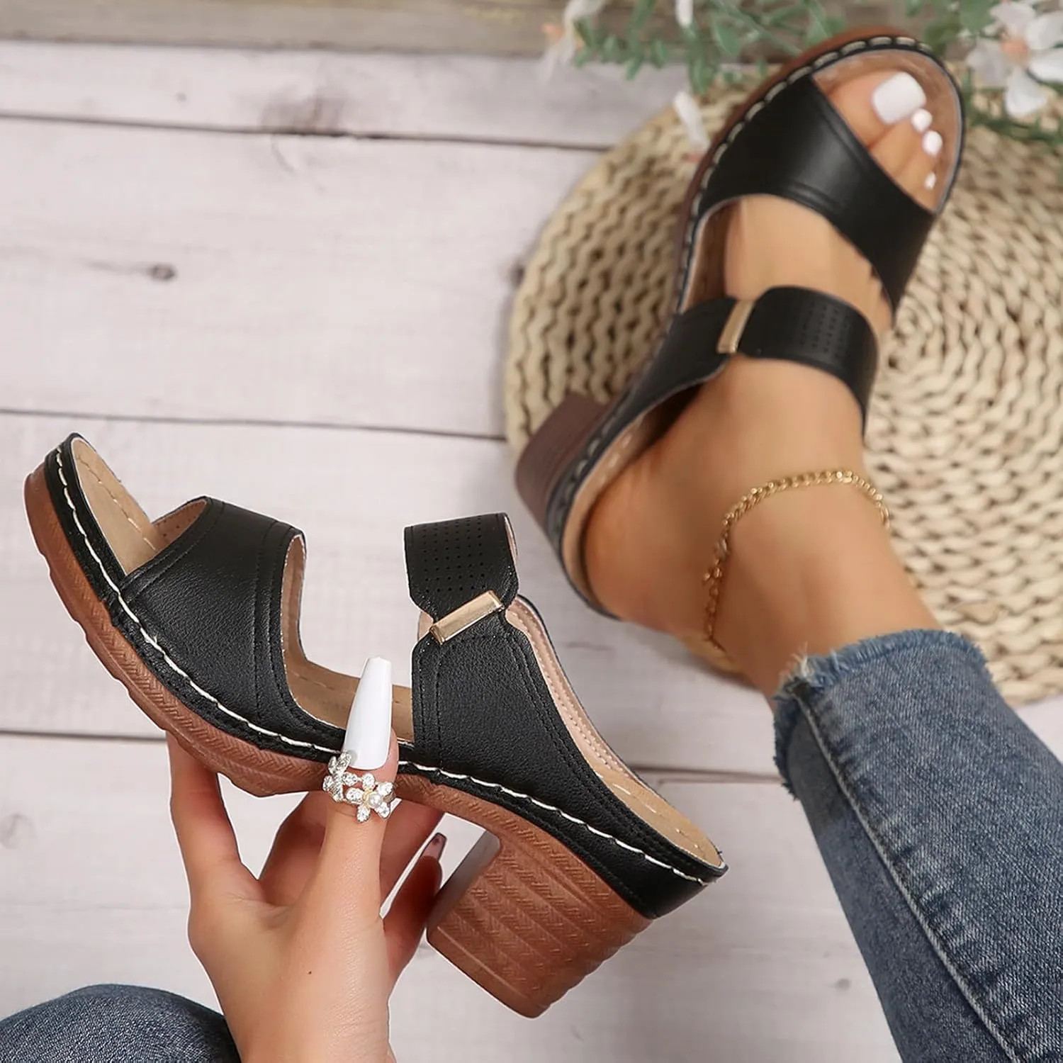 Wedge Sandals for Women 2025Modest Block Heels Classic 2 Bands Sandals Womens Dressy Chunky Heeled Womens Heels