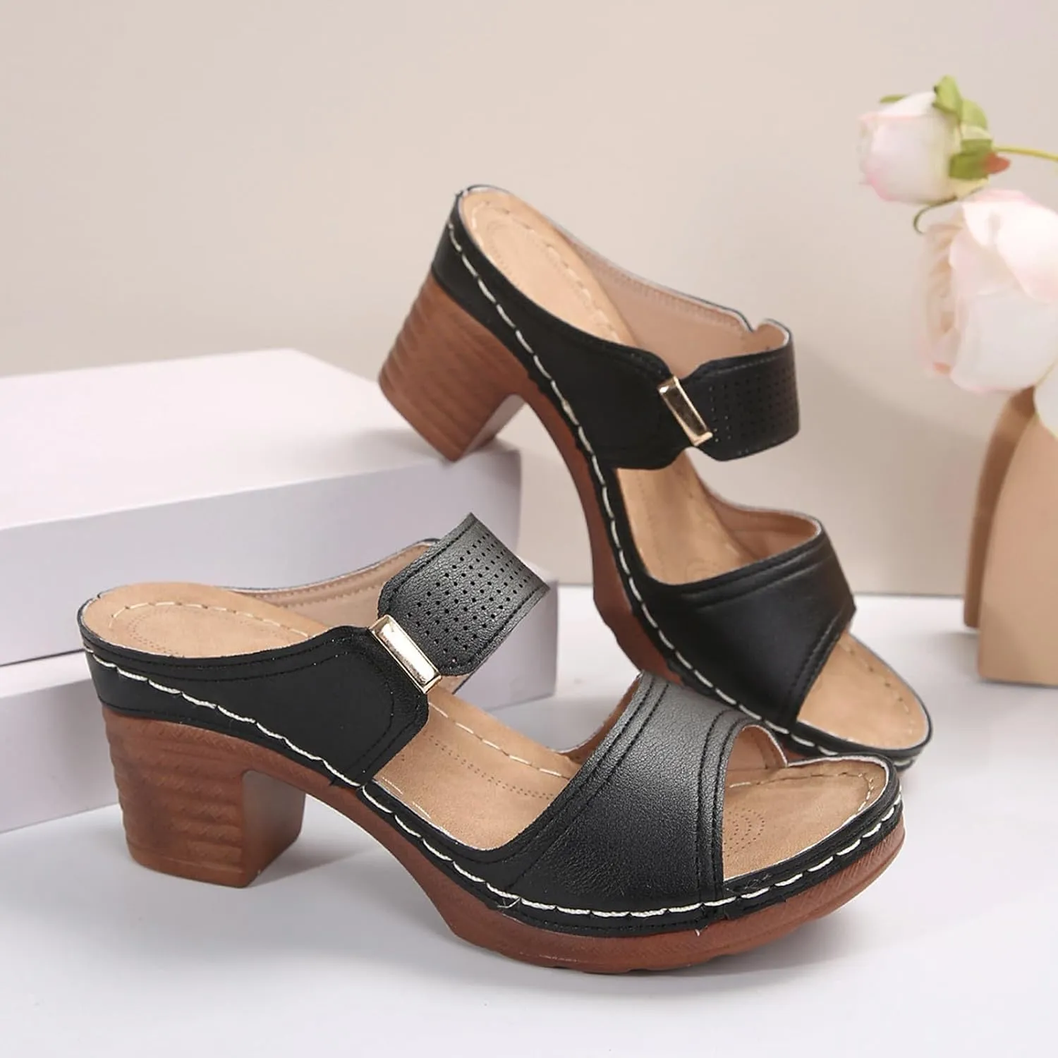 Wedge Sandals for Women 2025Modest Block Heels Classic 2 Bands Sandals Womens Dressy Chunky Heeled Womens Heels